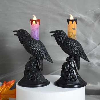 Статуя Черного Ворона, светящийся подсвечник, светодиодные свечи, украшения для дома на Хэллоуин, настольная лампа с Вороном, страшные украшения